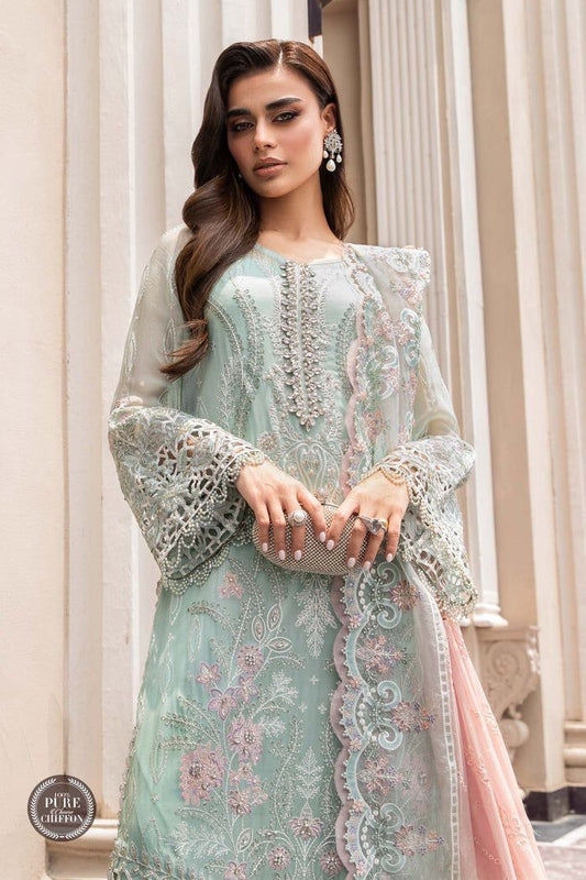 Maria B Couture MD 1407 | Heavy Hand-Embellished Chiffon Suit with Schiffli Dupatta