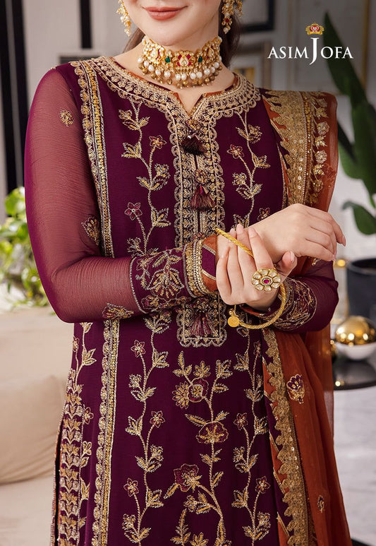 Asim Jofa Chiffon 3pc: Full Front & Sleeve Sequence Embroidery with Embroidered Daman Bunches