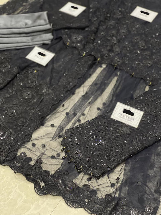 Maria B Exclusive 2024 Net Saree | Heavy Adda Work & Cutwork Border with Hanging Tassels