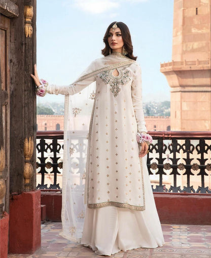 Luxury Unstitched: Azure Chiffon with Intricate Adda Work and 4-Side Applic Dupatta