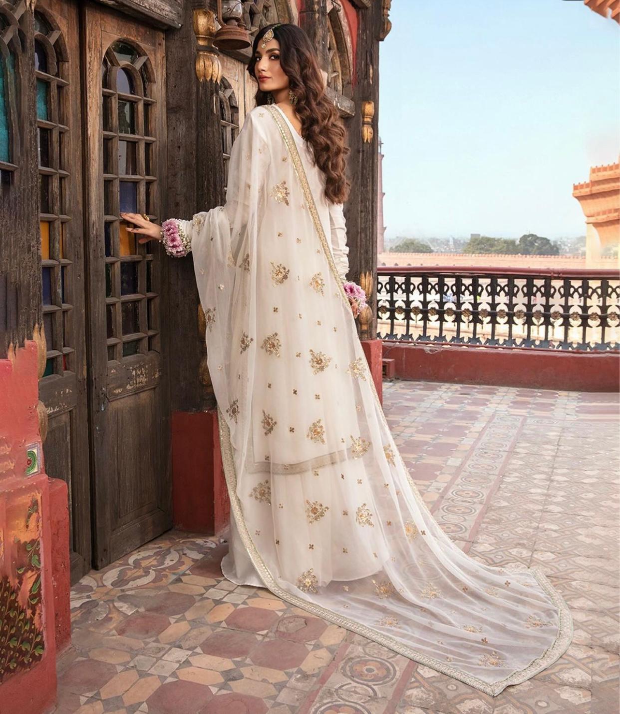 Luxury Unstitched: Azure Chiffon with Intricate Adda Work and 4-Side Applic Dupatta