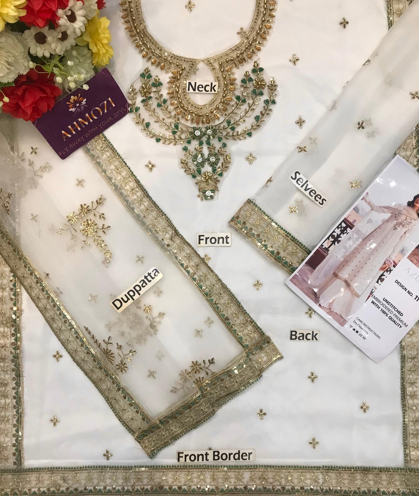 Luxury Unstitched: Azure Chiffon with Intricate Adda Work and 4-Side Applic Dupatta