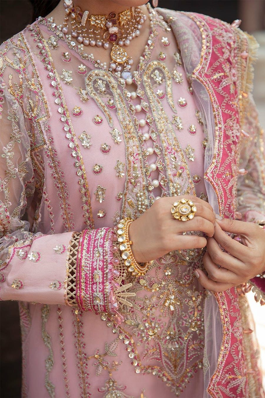 Afrozeh Bridal Organza – Stone Work & Tassels (Unstitched 3-Piece)