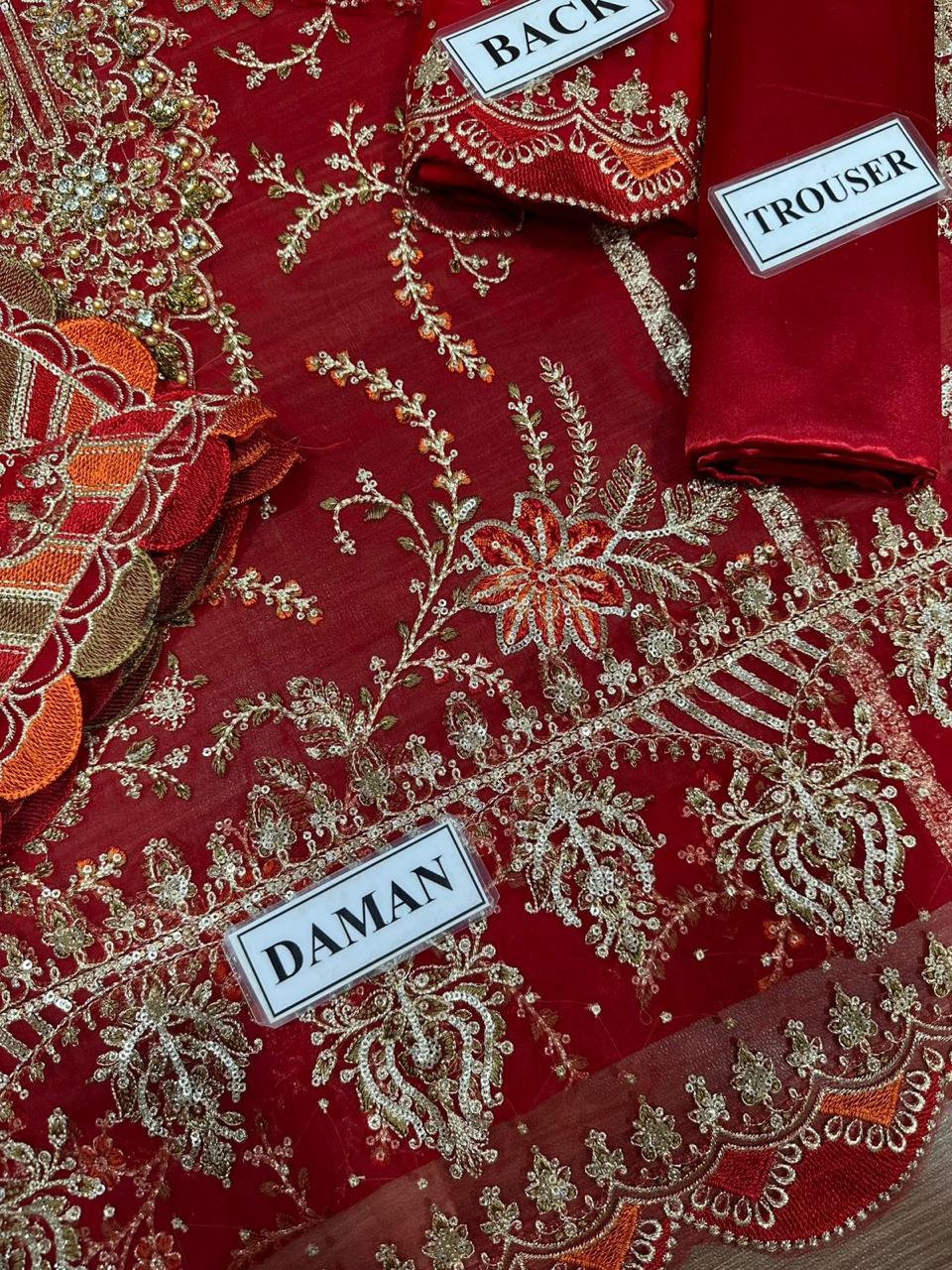 Maria B MBC-1098 Semi-Pure Chiffon Suit – Heavy Spangle Embroidery, Hand Embellished Adda Work & Silk Trouser