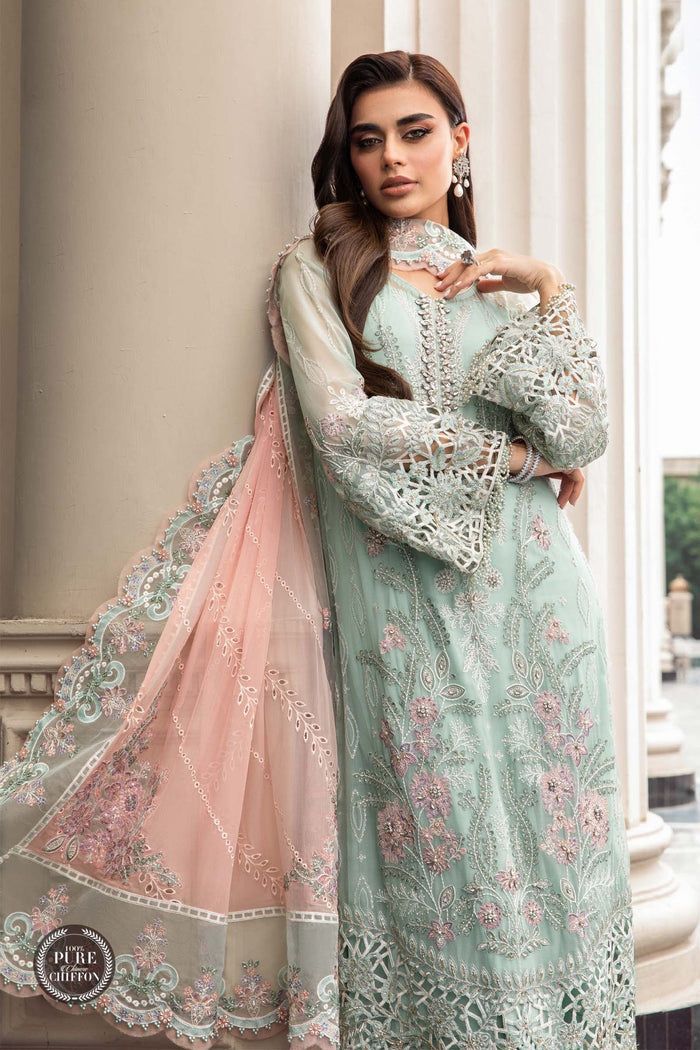 Maria B Couture MD 1407 | Heavy Hand-Embellished Chiffon Suit with Schiffli Dupatta