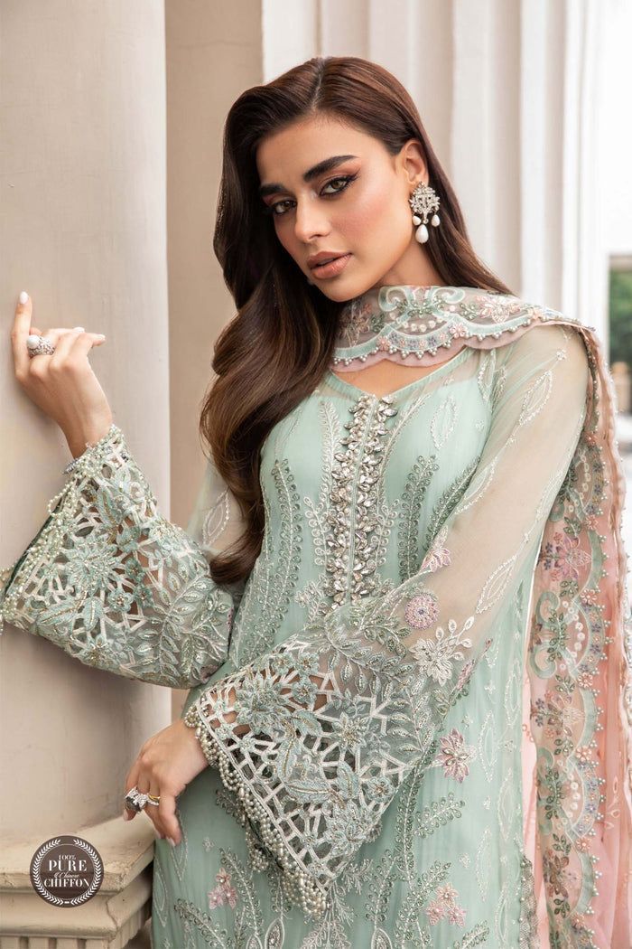 Maria B Couture MD 1407 | Heavy Hand-Embellished Chiffon Suit with Schiffli Dupatta