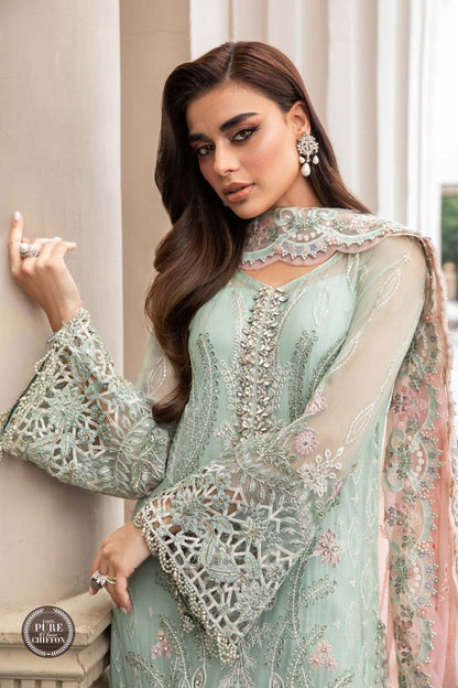 Maria B Couture MD 1407 | Heavy Hand-Embellished Chiffon Suit with Schiffli Dupatta