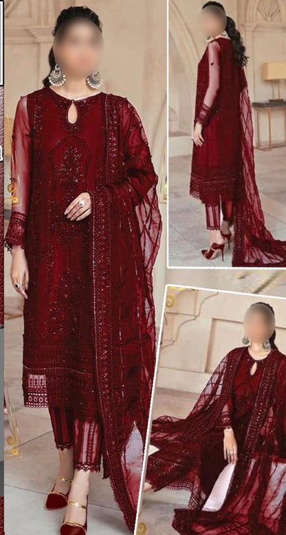 Mushq Handwork Net Wedding Suit - Sequence Embroidery & Ready to Wear Applique Dupatta