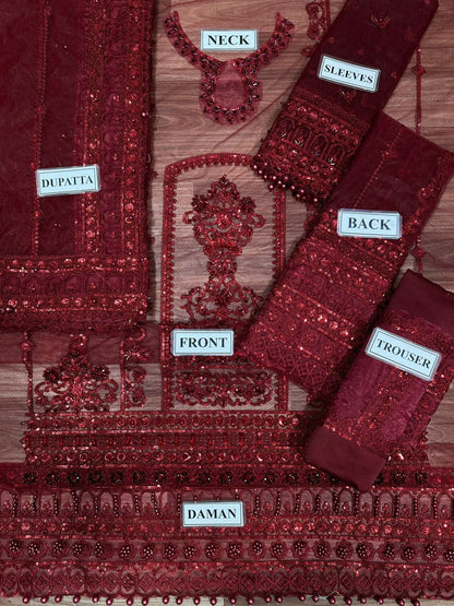 Mushq Handwork Net Wedding Suit - Sequence Embroidery & Ready to Wear Applique Dupatta