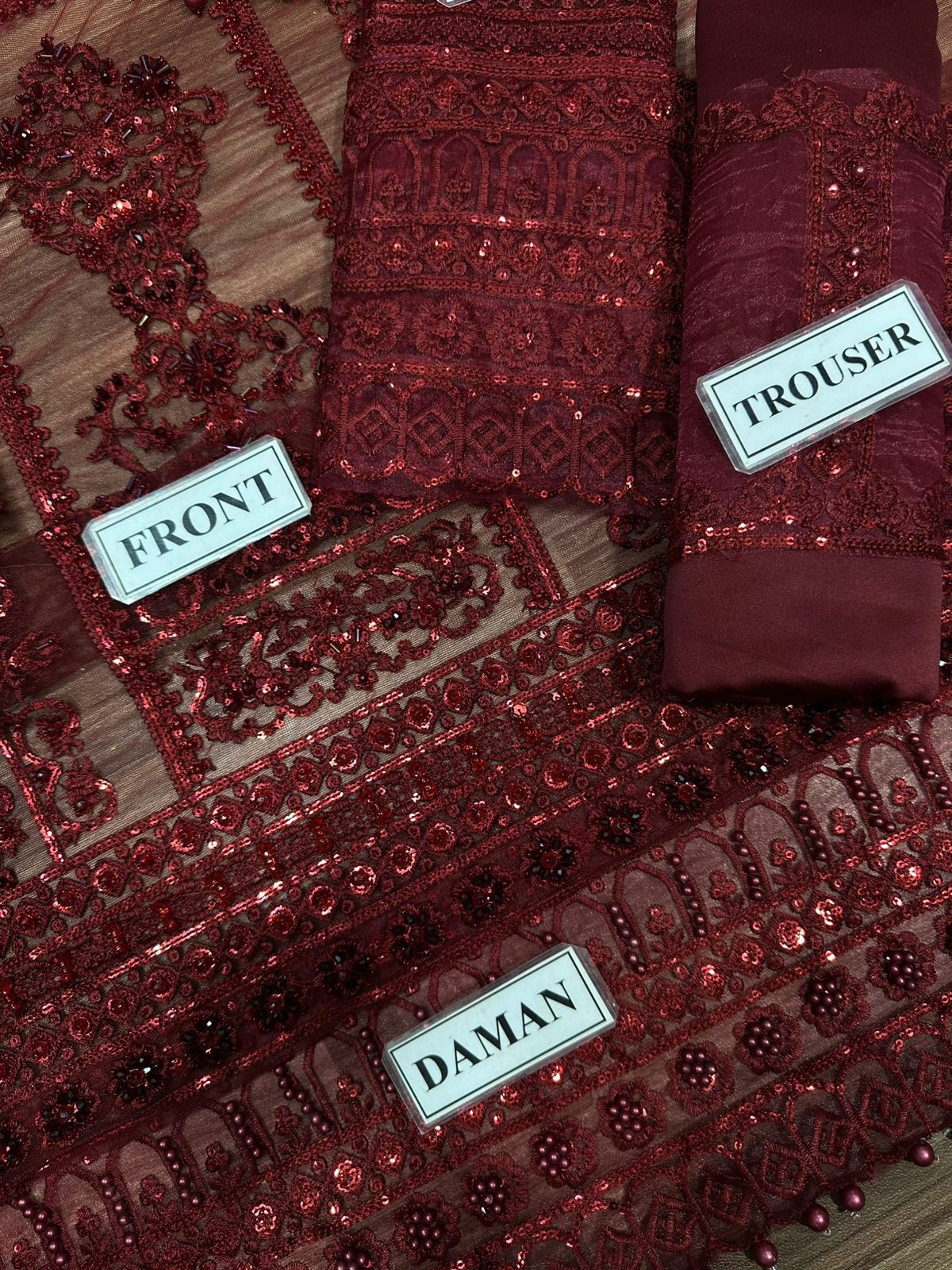 Mushq Handwork Net Wedding Suit - Sequence Embroidery & Ready to Wear Applique Dupatta