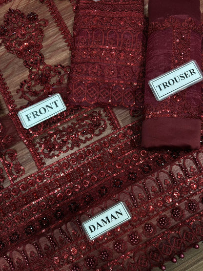 Mushq Handwork Net Wedding Suit - Sequence Embroidery & Ready to Wear Applique Dupatta