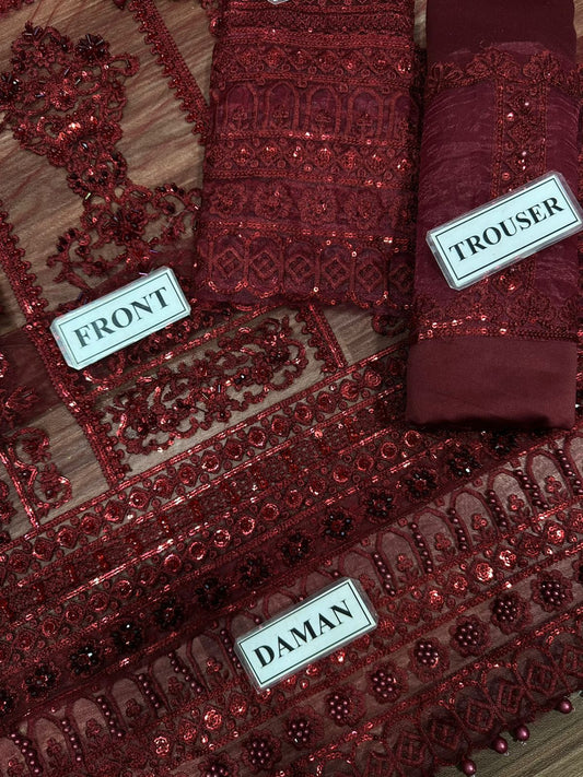 Mushq Handwork Net Wedding Suit - Sequence Embroidery & Ready to Wear Applique Dupatta