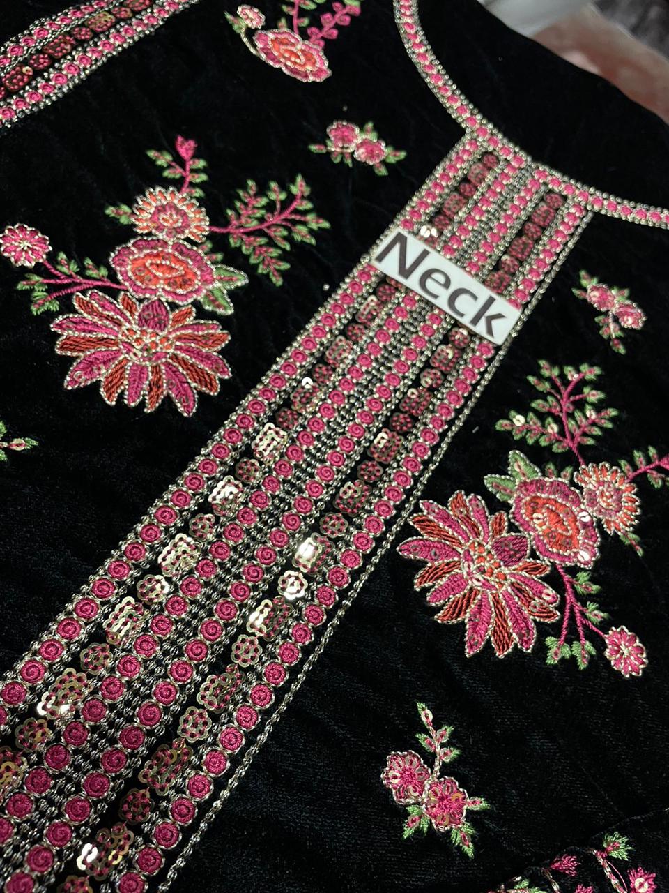 Aneela Velvet Collection | Heavy Sequence Embroidered Velvet Shirt & Chiffon Dupatta