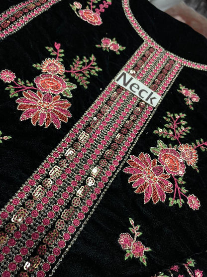 Aneela Velvet Collection | Heavy Sequence Embroidered Velvet Shirt & Chiffon Dupatta