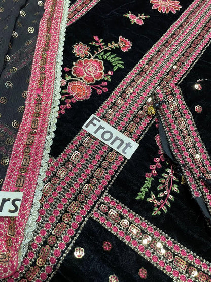 Aneela Velvet Collection | Heavy Sequence Embroidered Velvet Shirt & Chiffon Dupatta