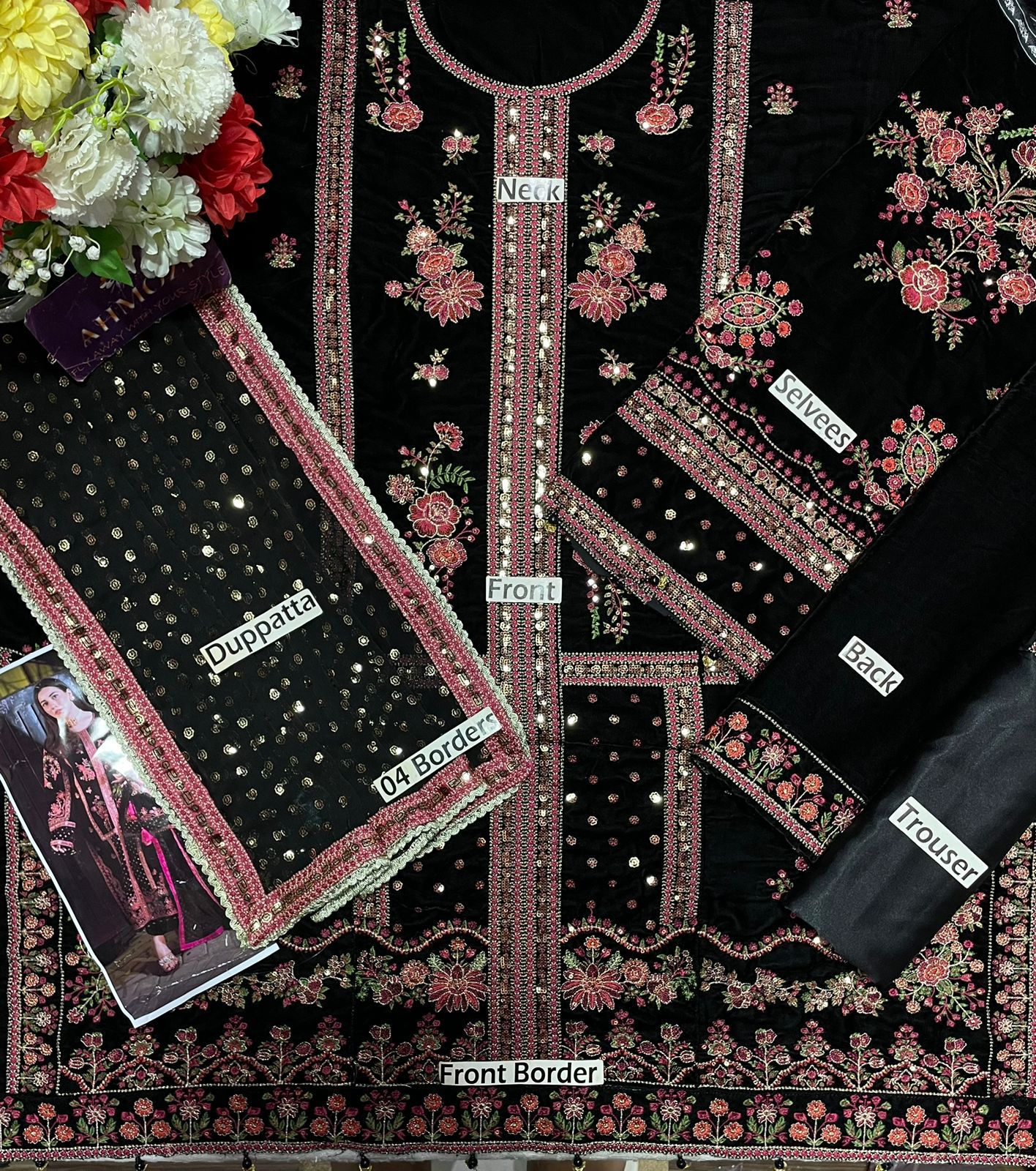 Aneela Velvet Collection | Heavy Sequence Embroidered Velvet Shirt & Chiffon Dupatta