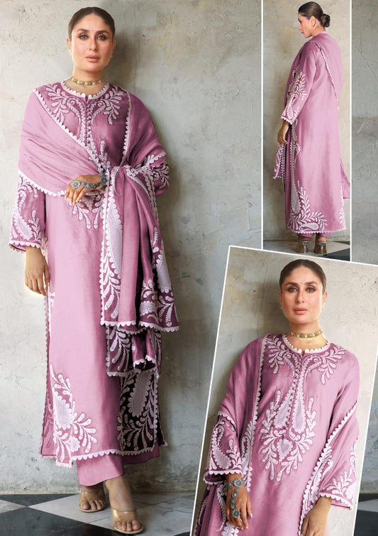 Kareena Luxury Collection | Laser Embroidered Lava Silk Suit & Organza Dupatta