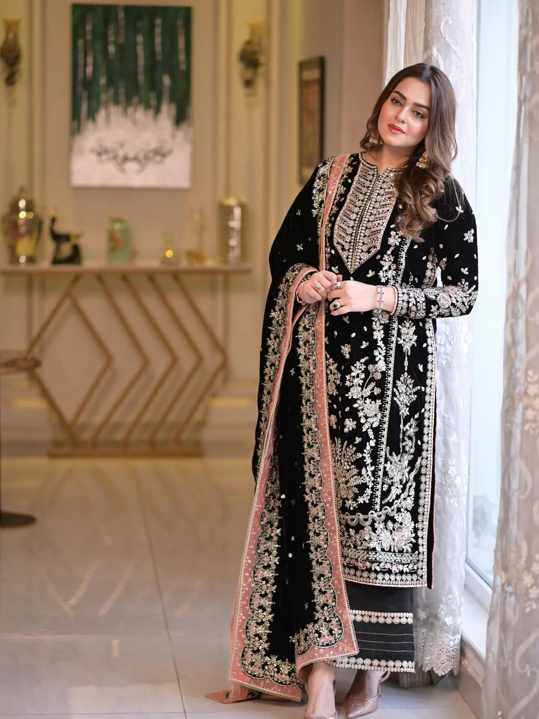 Aneela Luxury Wedding Collection | Black Embroidered Chiffon with Adda Work