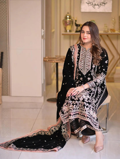 Aneela Luxury Wedding Collection | Black Embroidered Chiffon with Adda Work
