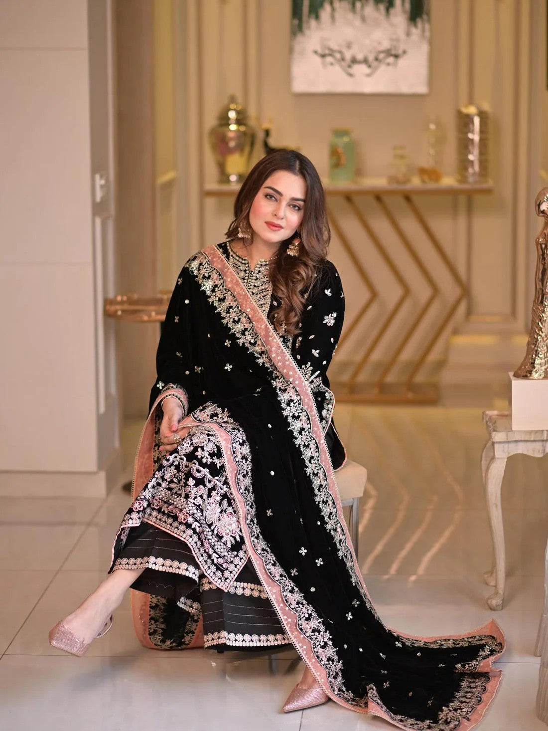 Aneela Luxury Wedding Collection | Black Embroidered Chiffon with Adda Work