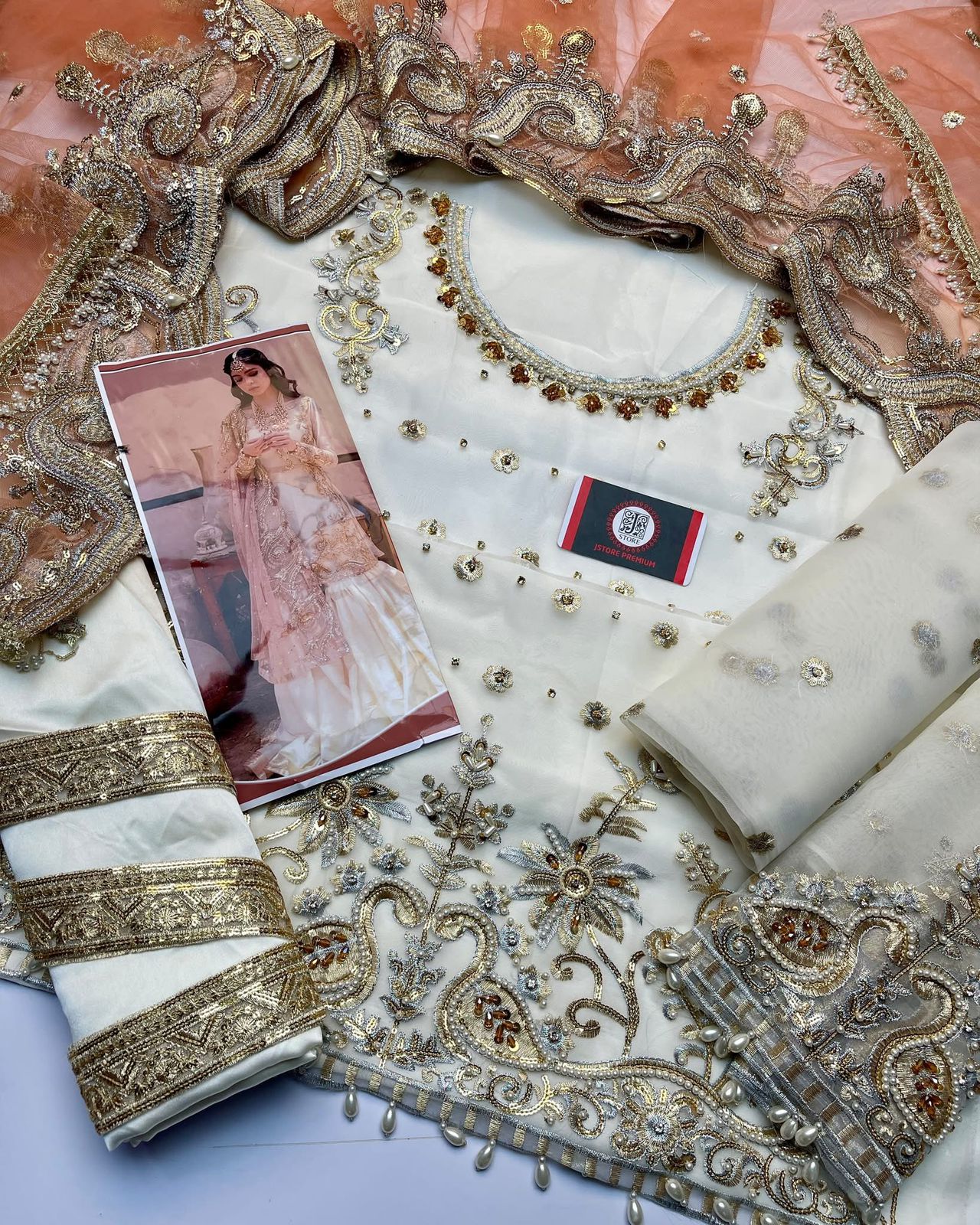 Nameera Wedding Wear | Hand-Embellished Organza Suit with Adda Work & Net Dupatta