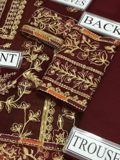 Asim Jofa Chiffon 3pc: Full Front & Sleeve Sequence Embroidery with Embroidered Daman Bunches