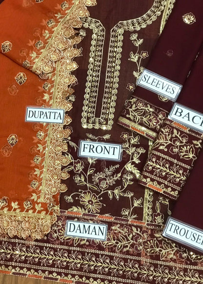 Asim Jofa Chiffon 3pc: Full Front & Sleeve Sequence Embroidery with Embroidered Daman Bunches