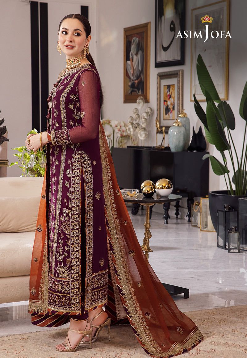 Asim Jofa Chiffon 3pc: Full Front & Sleeve Sequence Embroidery with Embroidered Daman Bunches