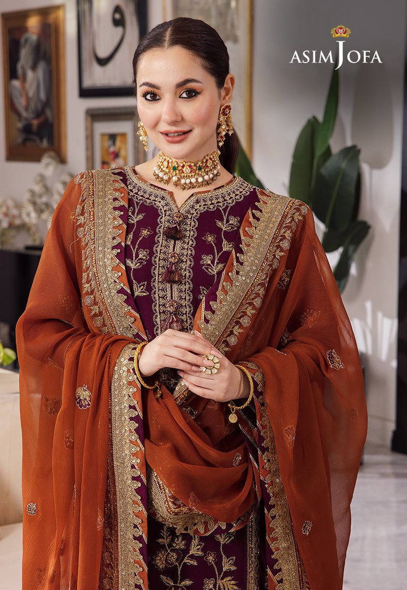 Asim Jofa Chiffon 3pc: Full Front & Sleeve Sequence Embroidery with Embroidered Daman Bunches