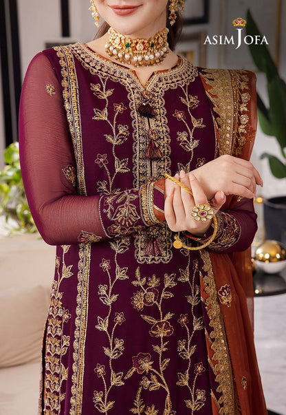 Asim Jofa Chiffon 3pc: Full Front & Sleeve Sequence Embroidery with Embroidered Daman Bunches