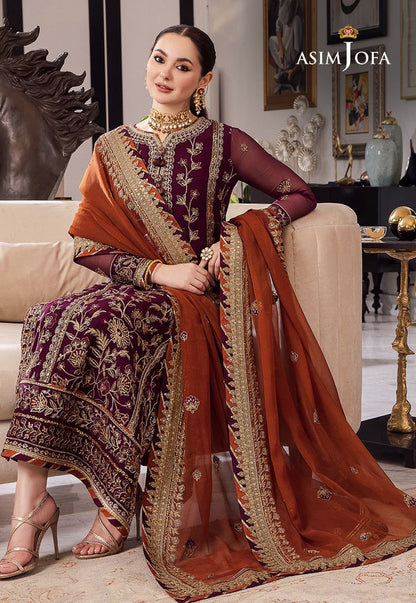 Asim Jofa Chiffon 3pc: Full Front & Sleeve Sequence Embroidery with Embroidered Daman Bunches
