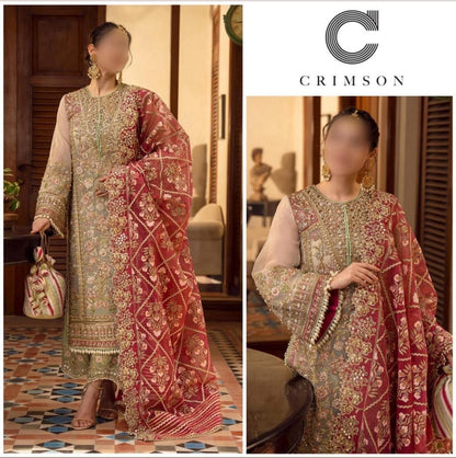 Crimson Organza Festive Wear: 4-Side Pulse Dupatta & Heavy Embroidered Satin Silk 3pc