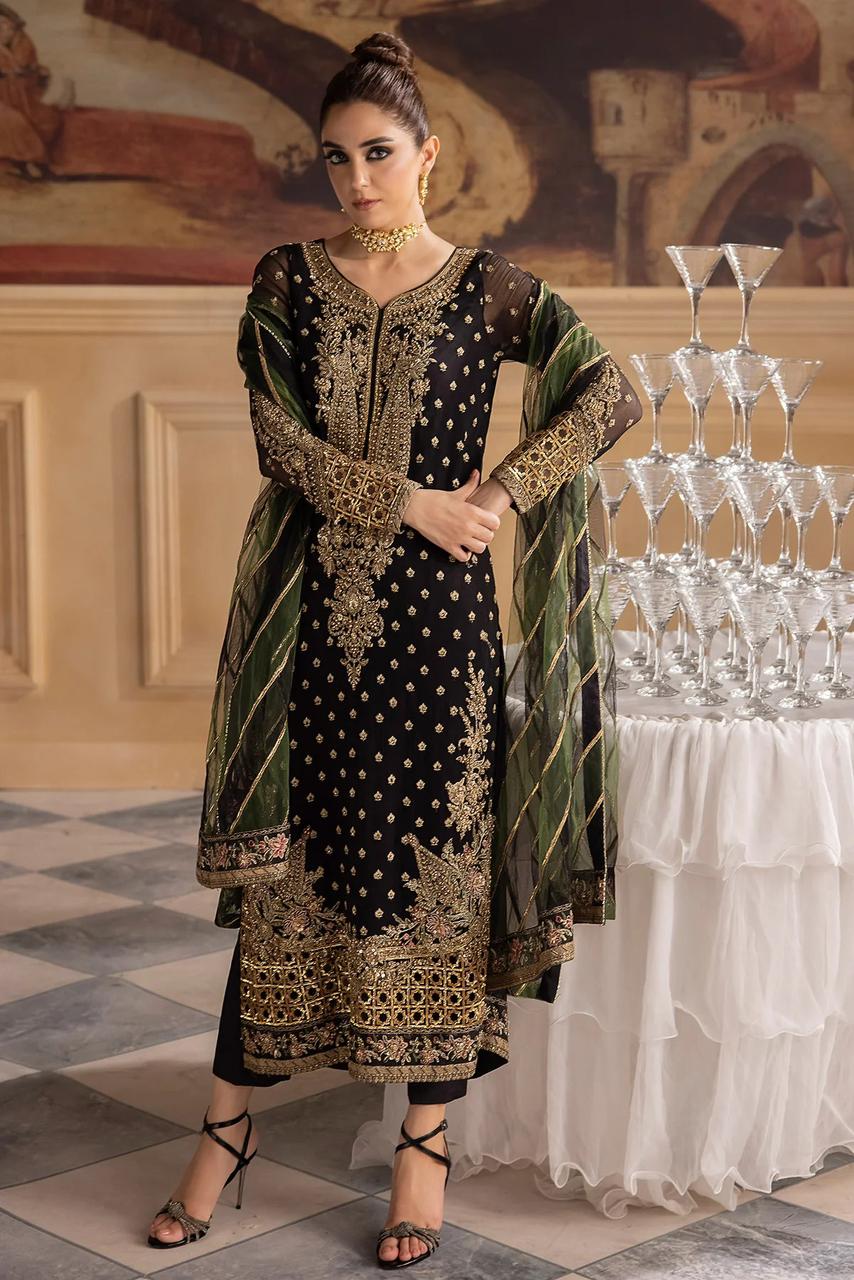 Charizma Festive Collection: Embroidered Chiffon Suit with Premium Raw Silk Trouser