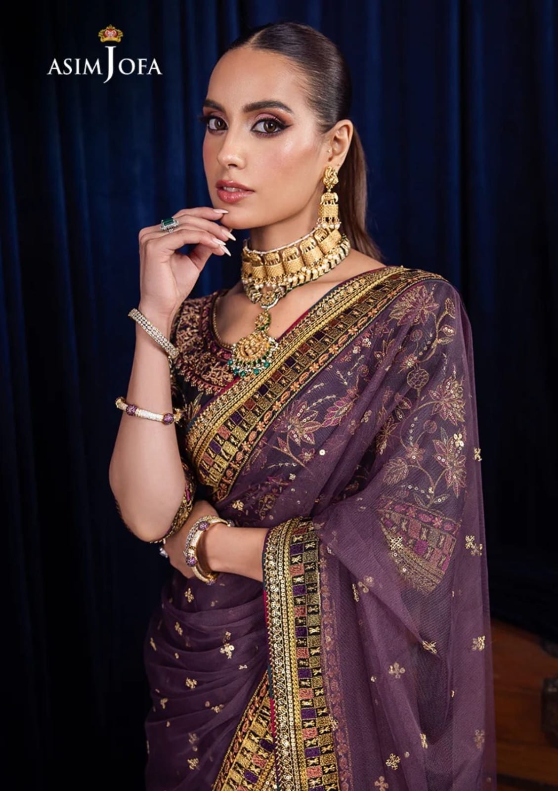 Asim Jofa Bekhudi: Heavy Embroidered Net Saree with Silk Front & Back Blouse + Belt