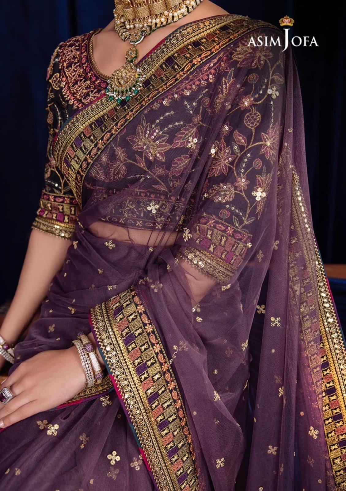 Asim Jofa Bekhudi: Heavy Embroidered Net Saree with Silk Front & Back Blouse + Belt