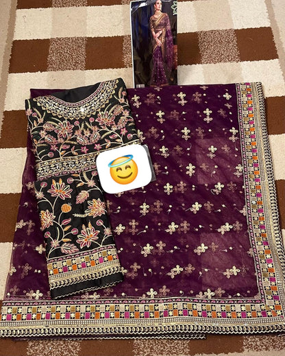 Asim Jofa Bekhudi: Heavy Embroidered Net Saree with Silk Front & Back Blouse + Belt