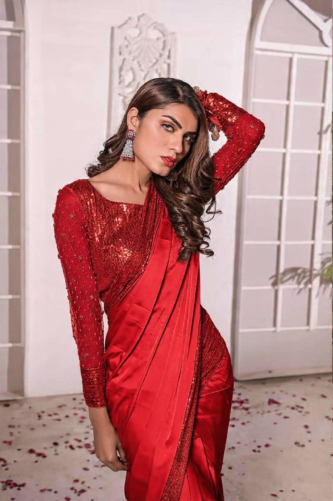 Alhamdulillah | Luxury Shamoz Silk Saree with Heavy Sequence Border & Sequence Work Blouse (5.5 Yards)