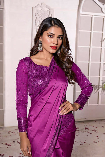 Alhamdulillah | Luxury Shamoz Silk Saree with Heavy Sequence Border & Sequence Work Blouse (5.5 Yards)