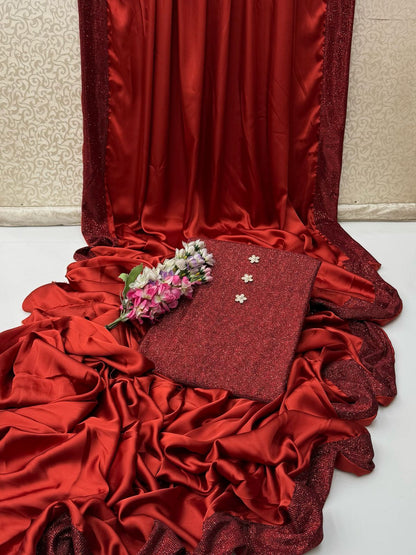 Alhamdulillah | Luxury Shamoz Silk Saree with Heavy Sequence Border & Sequence Work Blouse (5.5 Yards)