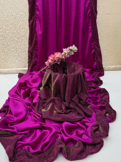 Alhamdulillah | Luxury Shamoz Silk Saree with Heavy Sequence Border & Sequence Work Blouse (5.5 Yards)