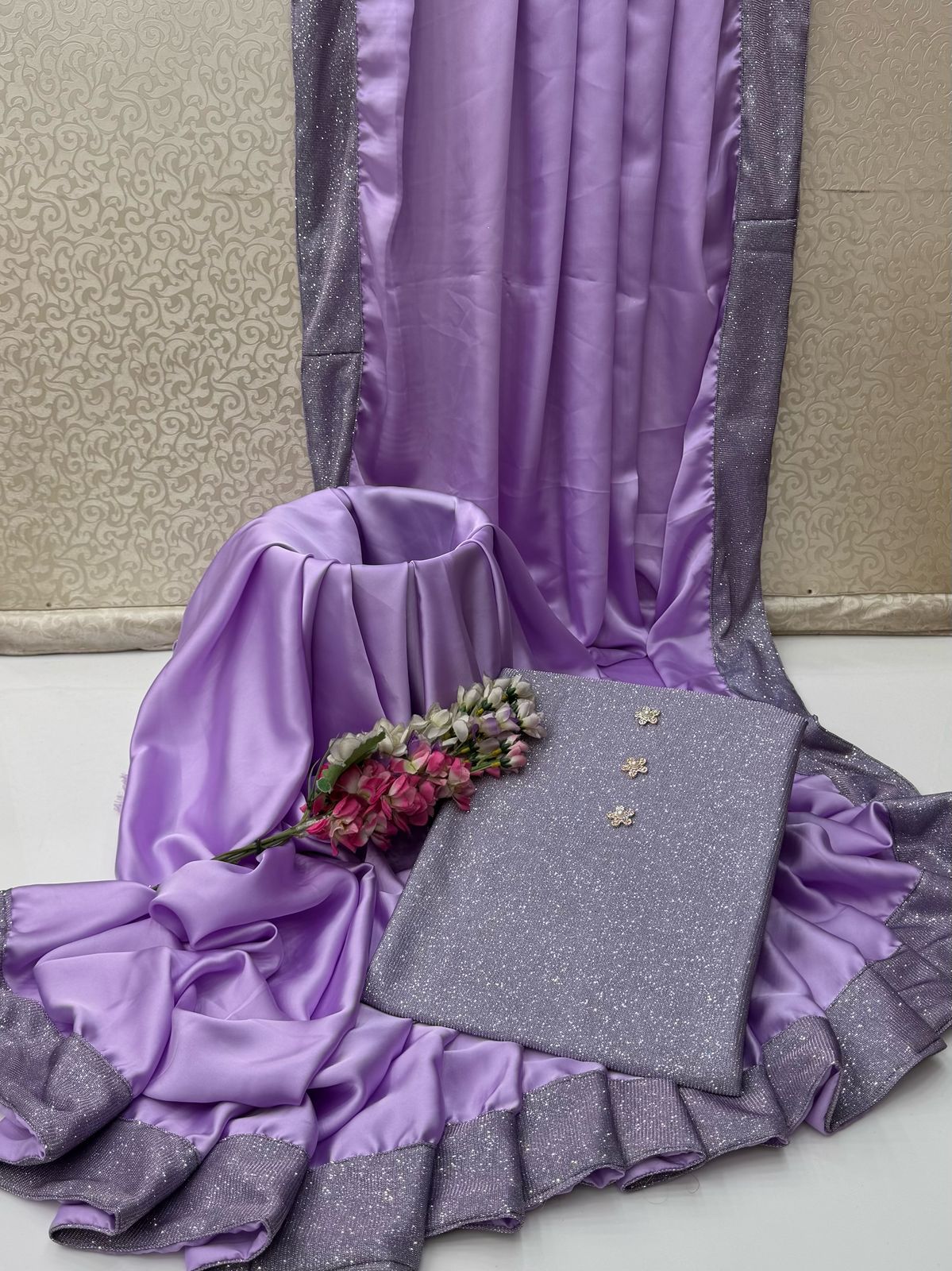 Alhamdulillah | Luxury Shamoz Silk Saree with Heavy Sequence Border & Sequence Work Blouse (5.5 Yards)