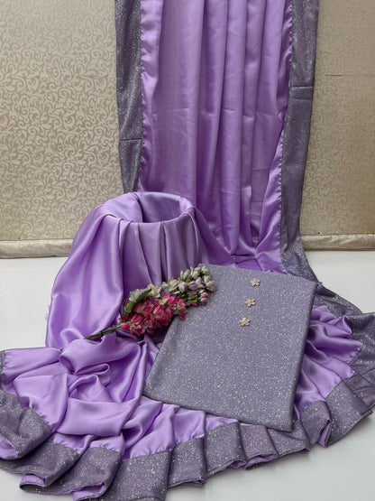 Alhamdulillah | Luxury Shamoz Silk Saree with Heavy Sequence Border & Sequence Work Blouse (5.5 Yards)