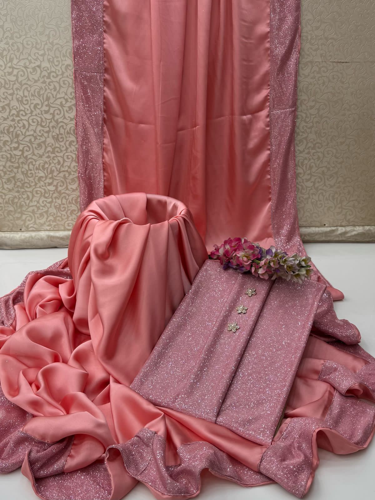 Alhamdulillah | Luxury Shamoz Silk Saree with Heavy Sequence Border & Sequence Work Blouse (5.5 Yards)