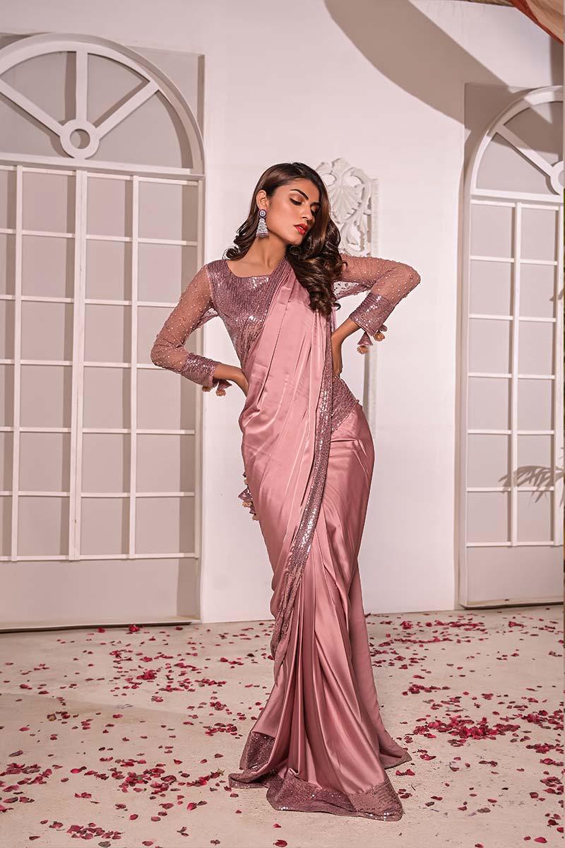 Alhamdulillah | Luxury Shamoz Silk Saree with Heavy Sequence Border & Sequence Work Blouse (5.5 Yards)