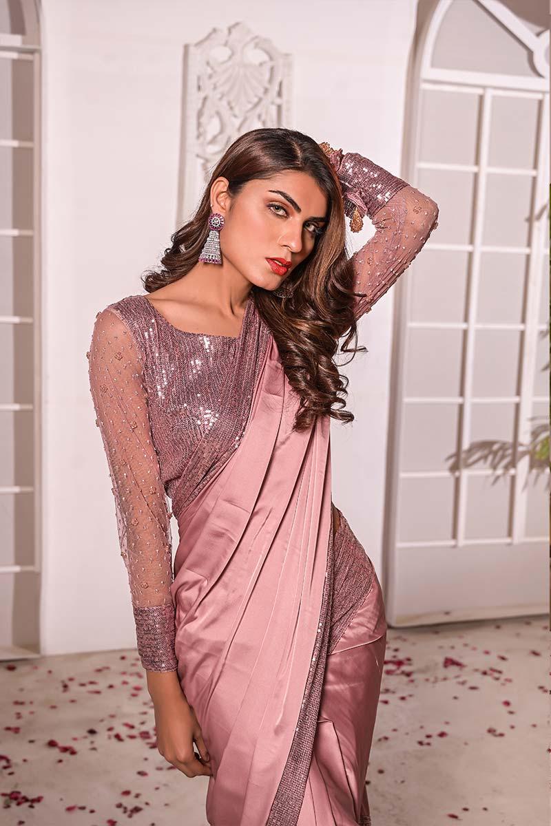 Alhamdulillah | Luxury Shamoz Silk Saree with Heavy Sequence Border & Sequence Work Blouse (5.5 Yards)