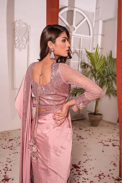 Alhamdulillah | Luxury Shamoz Silk Saree with Heavy Sequence Border & Sequence Work Blouse (5.5 Yards)