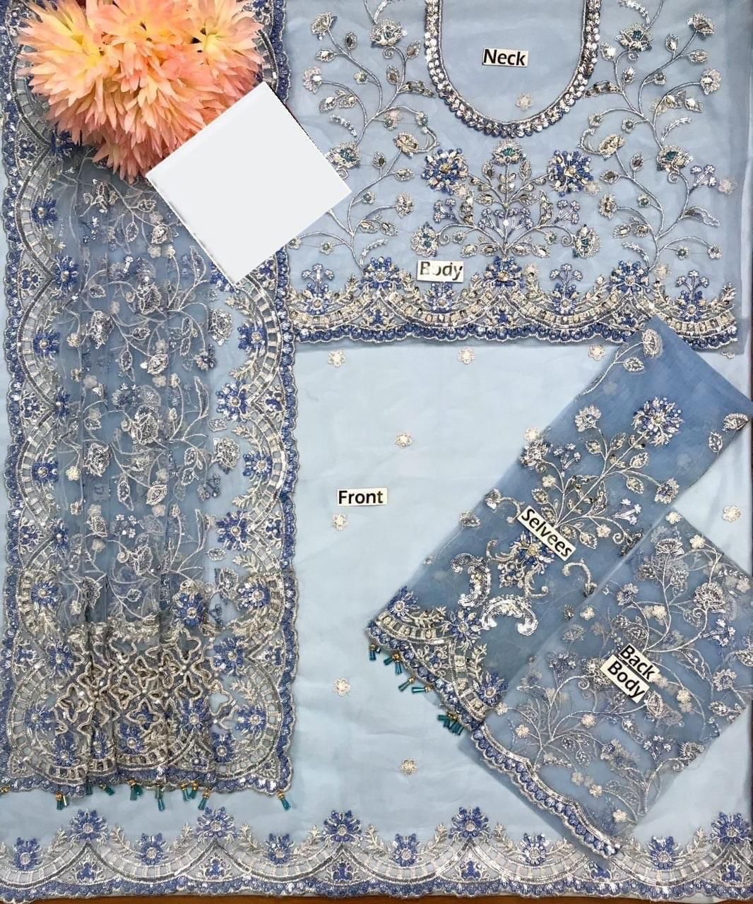 Maria B Exclusive 2024 Net Saree | Heavy Adda Work & Cutwork Border with Hanging Tassels