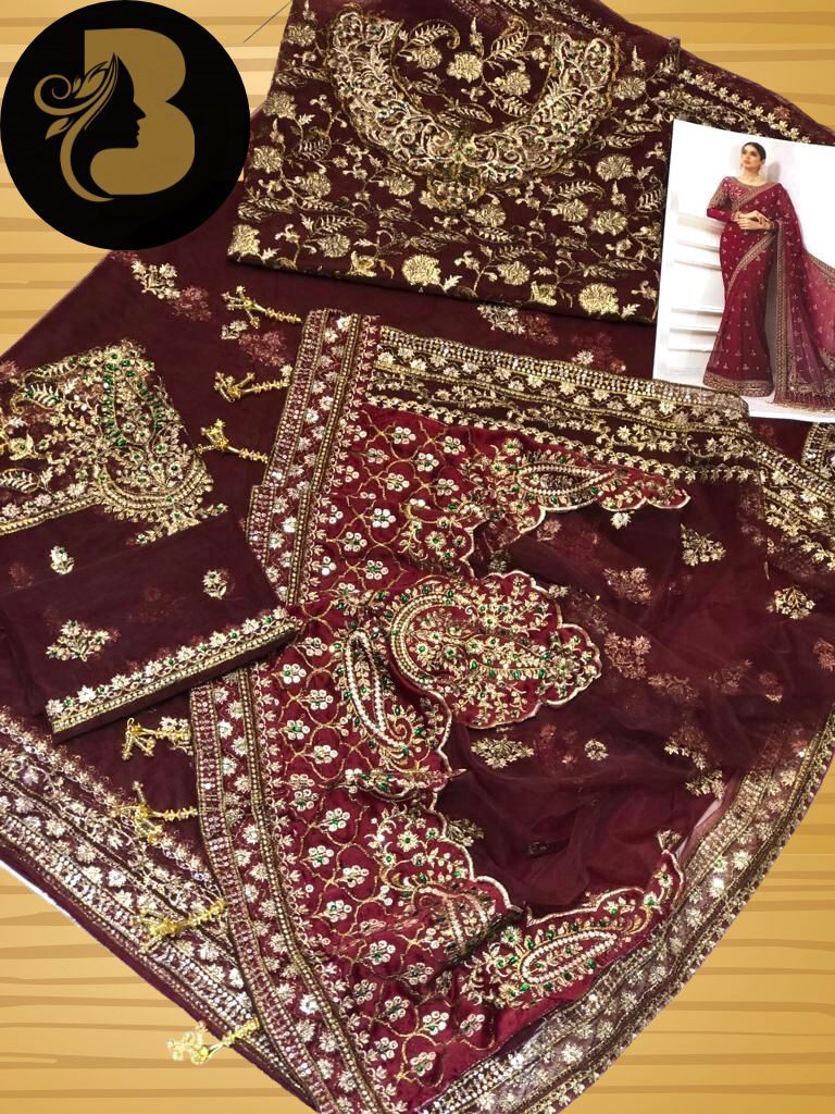 Maria B King Copy Net Saree – Heavy Embroidery with Hand-Stone Work & Hanging Details