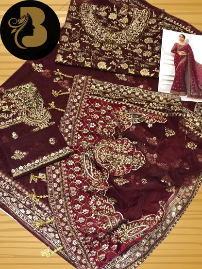Maria B King Copy Net Saree – Heavy Embroidery with Hand-Stone Work & Hanging Details