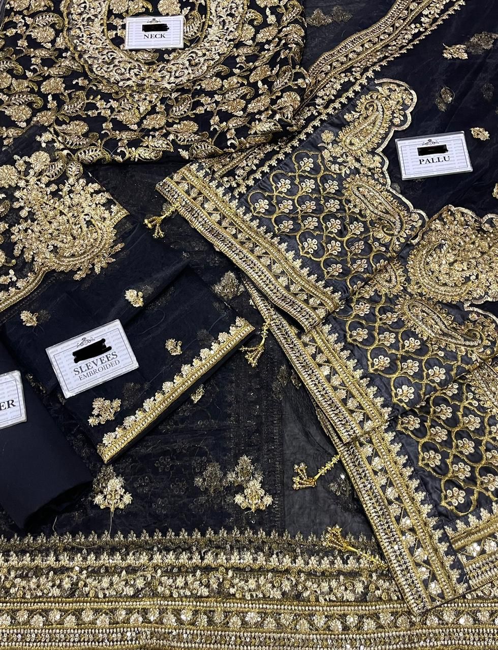 Maria B King Copy Net Saree – Heavy Embroidery with Hand-Stone Work & Hanging Details